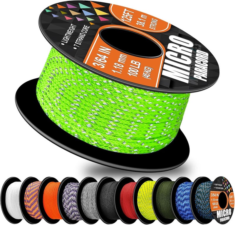 WEREWOLVES 1.18mm Micro Paracord – 125ft (38m) Lightweight Survival Cord,Thin Braided Rope for Survival Bracelets, DIY Crafts, Camping, Fishing, Wind Chime Replacement (Reflective Neon Green, 125 ft) - Image 1